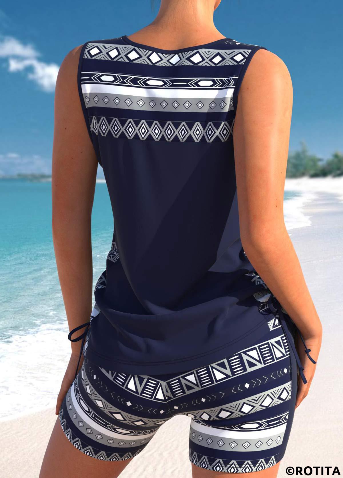 Navy swimwear,Geometric swimwear,Striped swimwear,ROTITA Drawstring Navy Geometric Print Mid Waisted Tankini Set