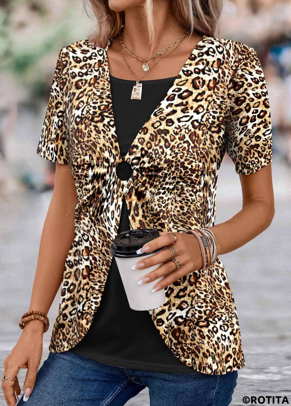 Dark Coffee tops,Black tops,Leopard tops,Animal Print tops,ROTITA Leopard Dark Coffee Round Neck Fake Two Piece Twinset