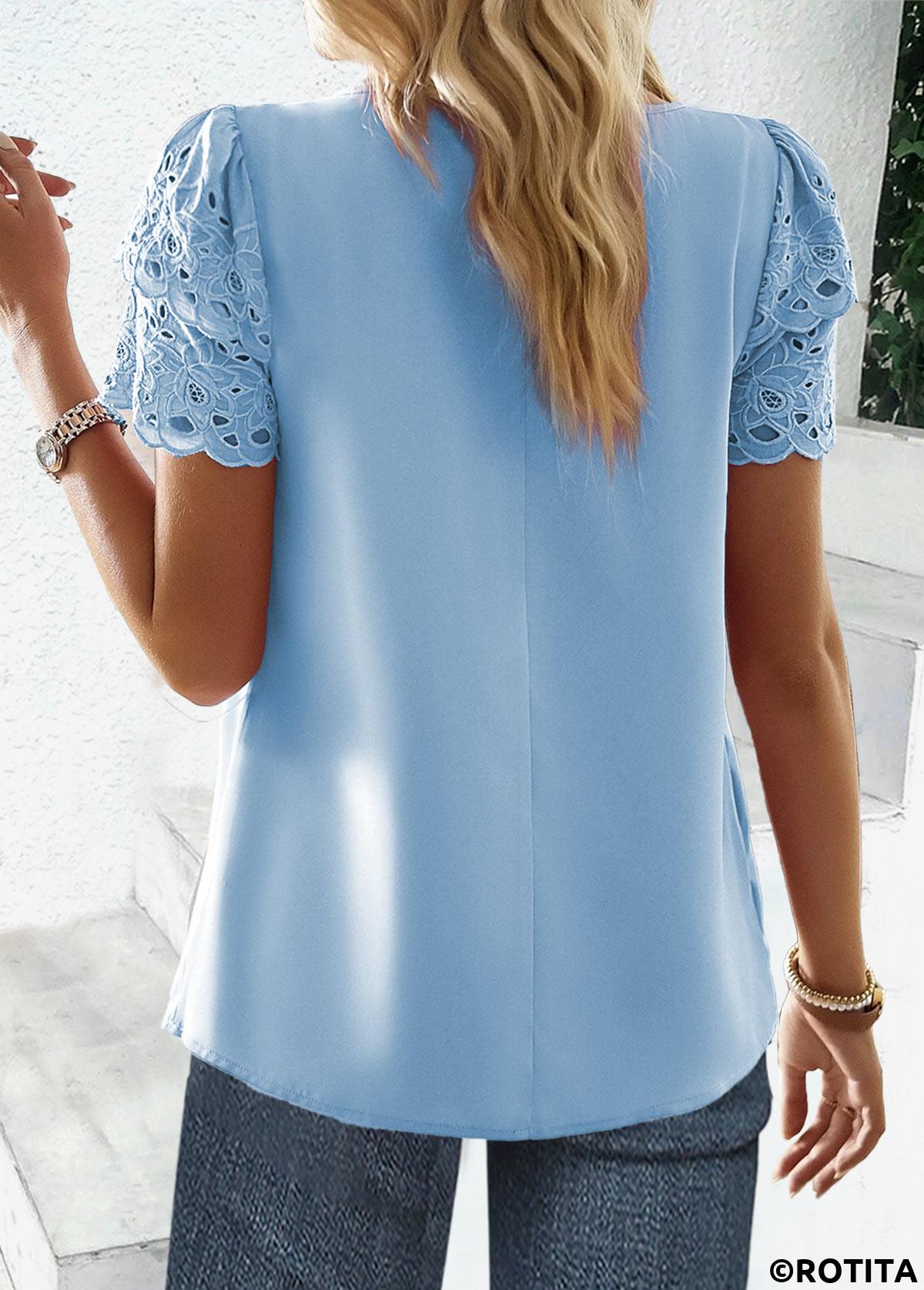 Sky Blue tops,Plain Color tops,ROTITA Cut Out Sky Blue Round Neck Short Sleeve Blouse