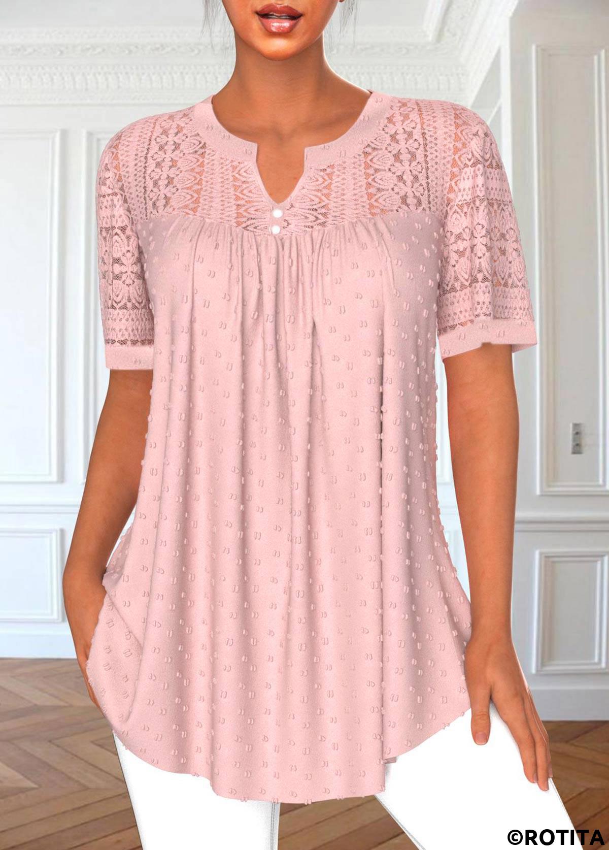 Pink tops,Plain Color tops,ROTITA Lace Pink Split Neck Short Sleeve Blouse