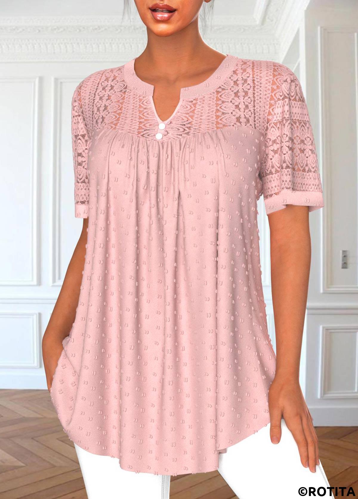 Pink tops,Plain Color tops,ROTITA Lace Pink Split Neck Short Sleeve Blouse