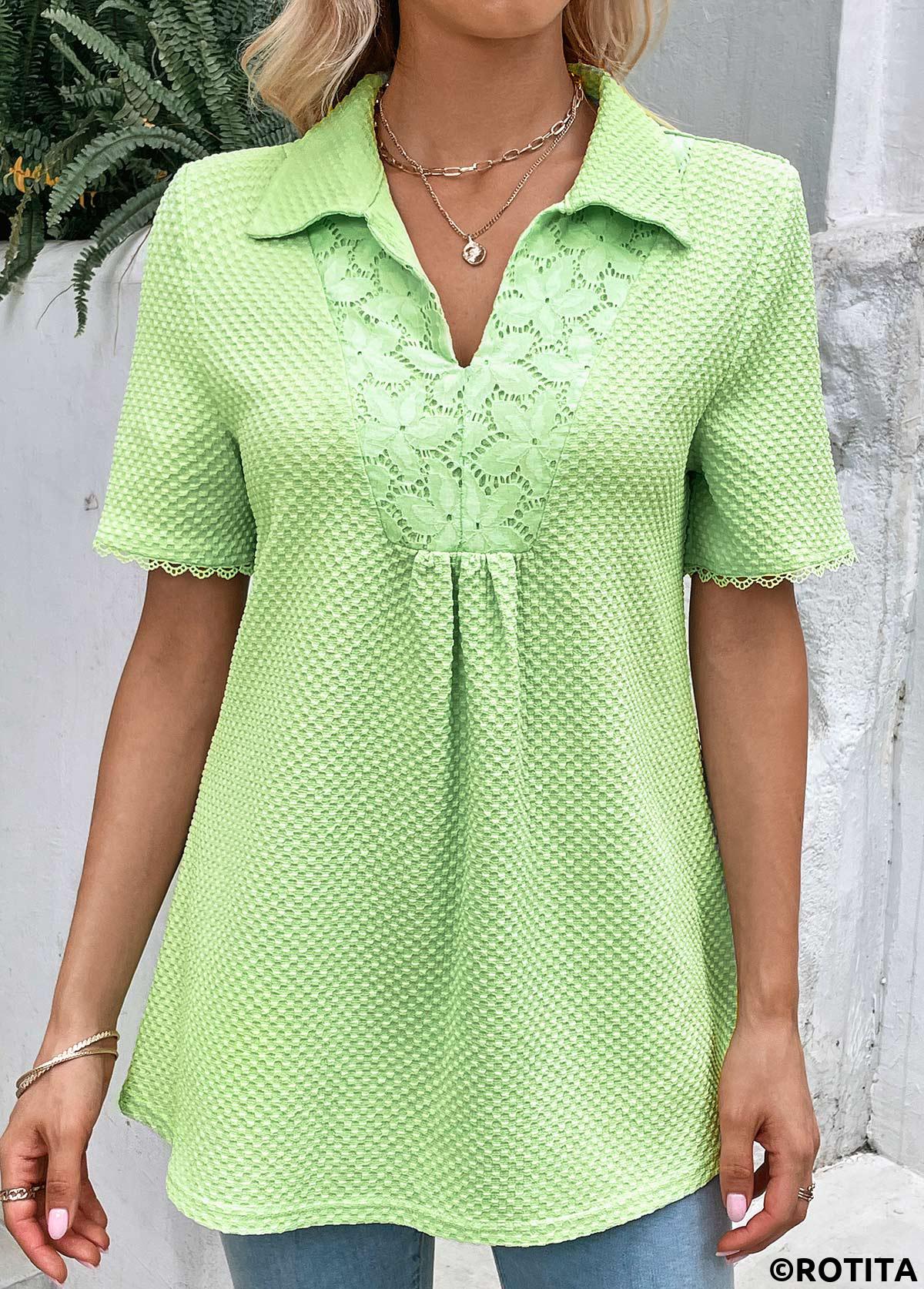 Light Green tops,Plain Color tops,ROTITA Patchwork Light Green Shirt Collar Short Sleeve Blouse