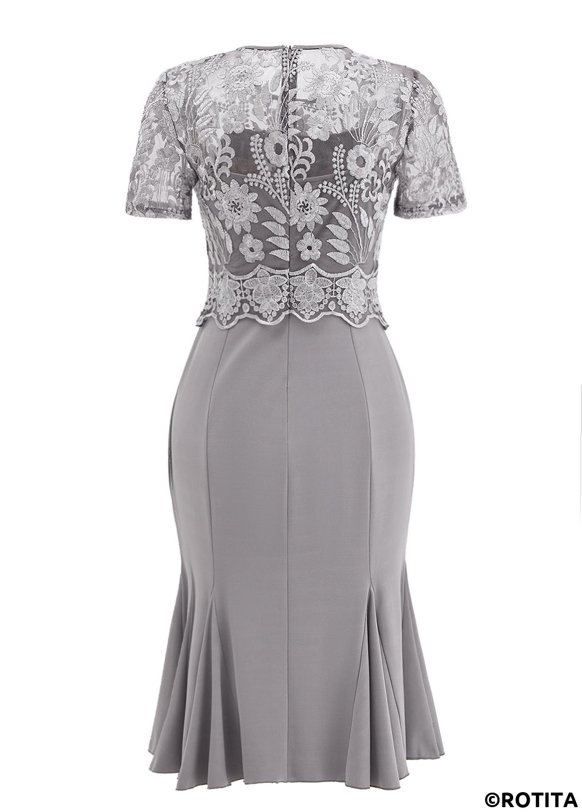 Grey dresses,Plain Color dresses,Party dresses,Elegant dresses,ROTITA Mermaid Grey Round Neck Short Sleeve Bodycon Dress