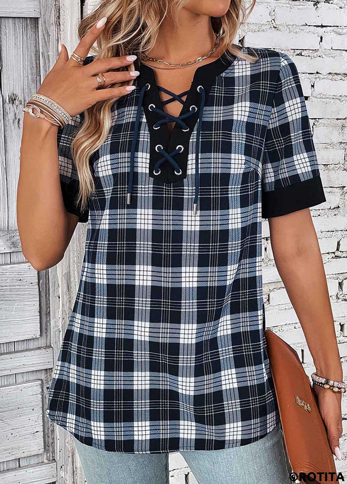 Black tops,Plaid tops,ROTITA Lace Up Plaid Black Split Neck Blouse