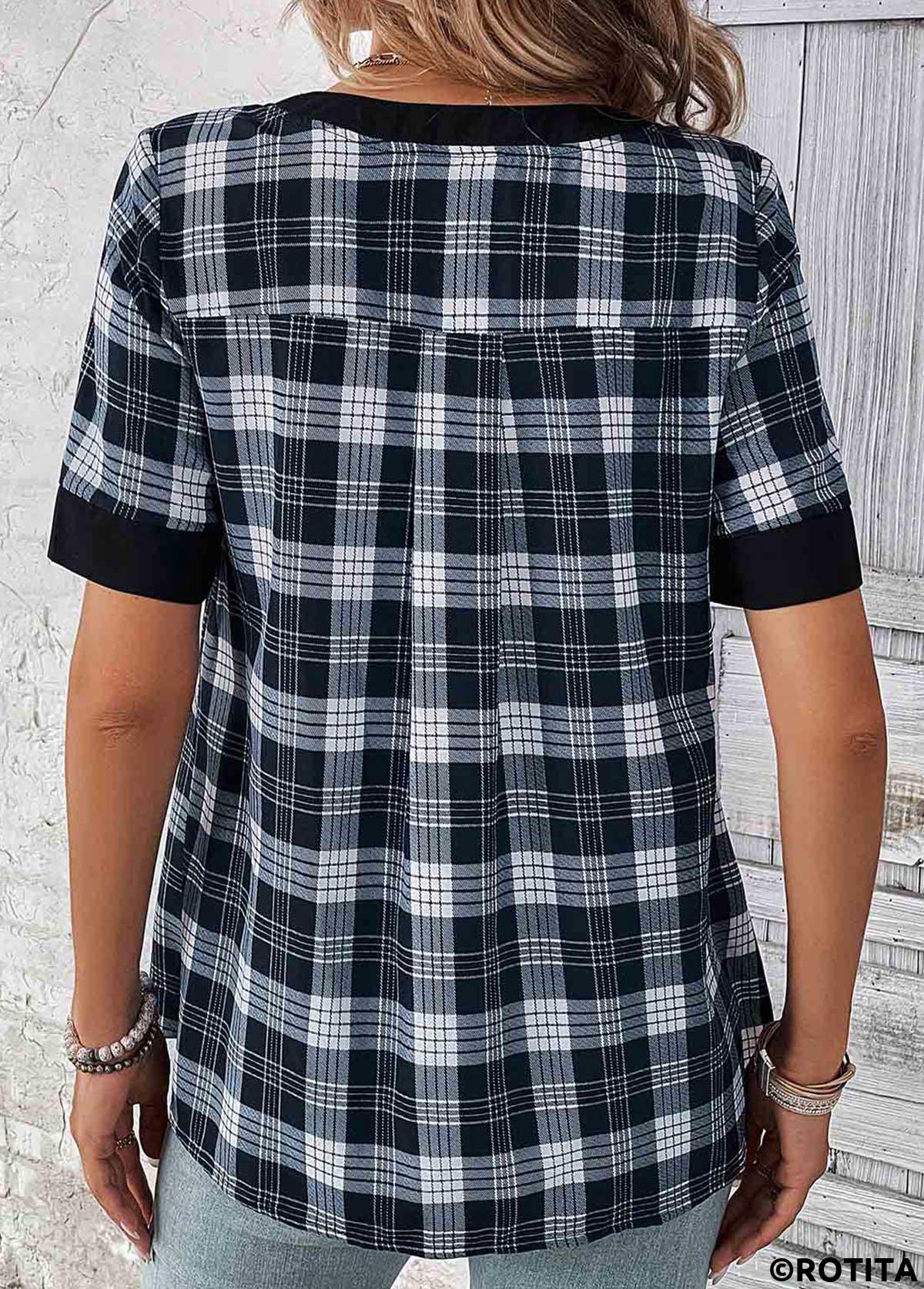 Black tops,Plaid tops,ROTITA Lace Up Plaid Black Split Neck Blouse