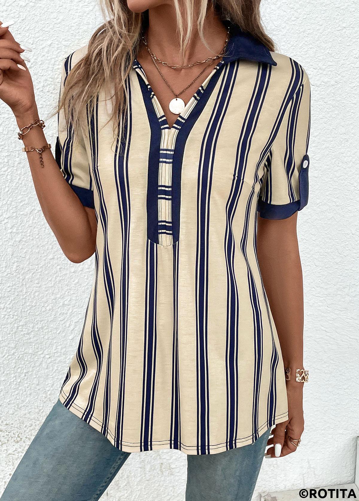 ROTITA Patchwork Striped Beige Shirt Collar Short Sleeve Blouse