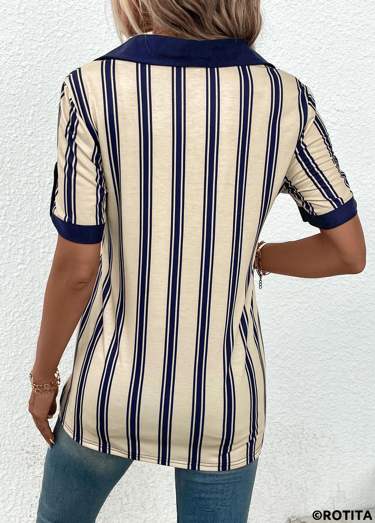 ROTITA Patchwork Striped Beige Shirt Collar Short Sleeve Blouse
