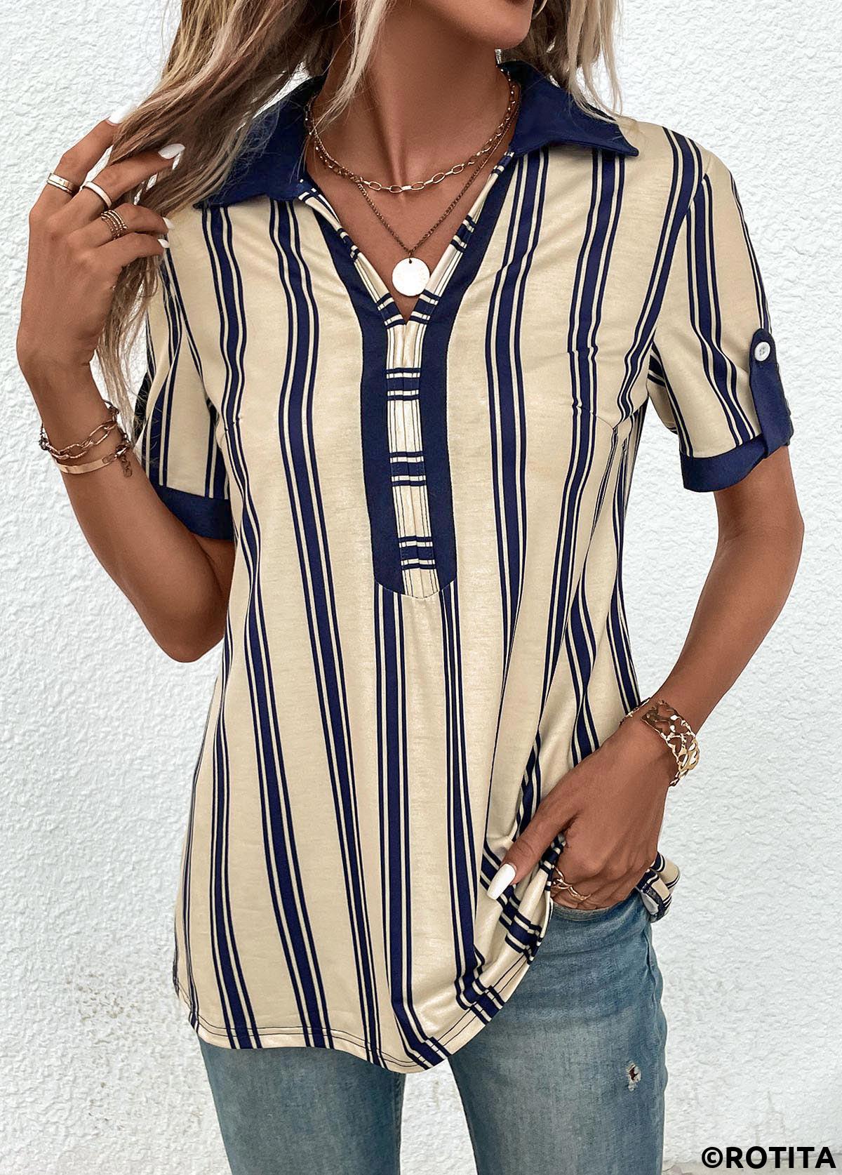 ROTITA Patchwork Striped Beige Shirt Collar Short Sleeve Blouse