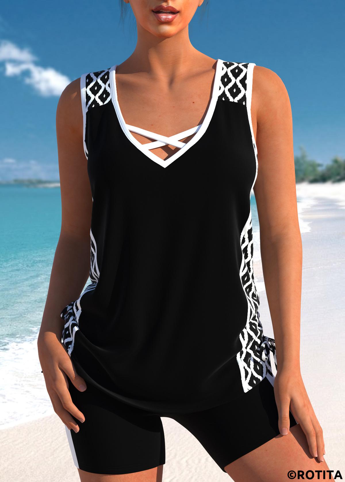 Black swimwear,Geometric swimwear,ROTITA Contrast Binding Black Geometric Print Tankini Set