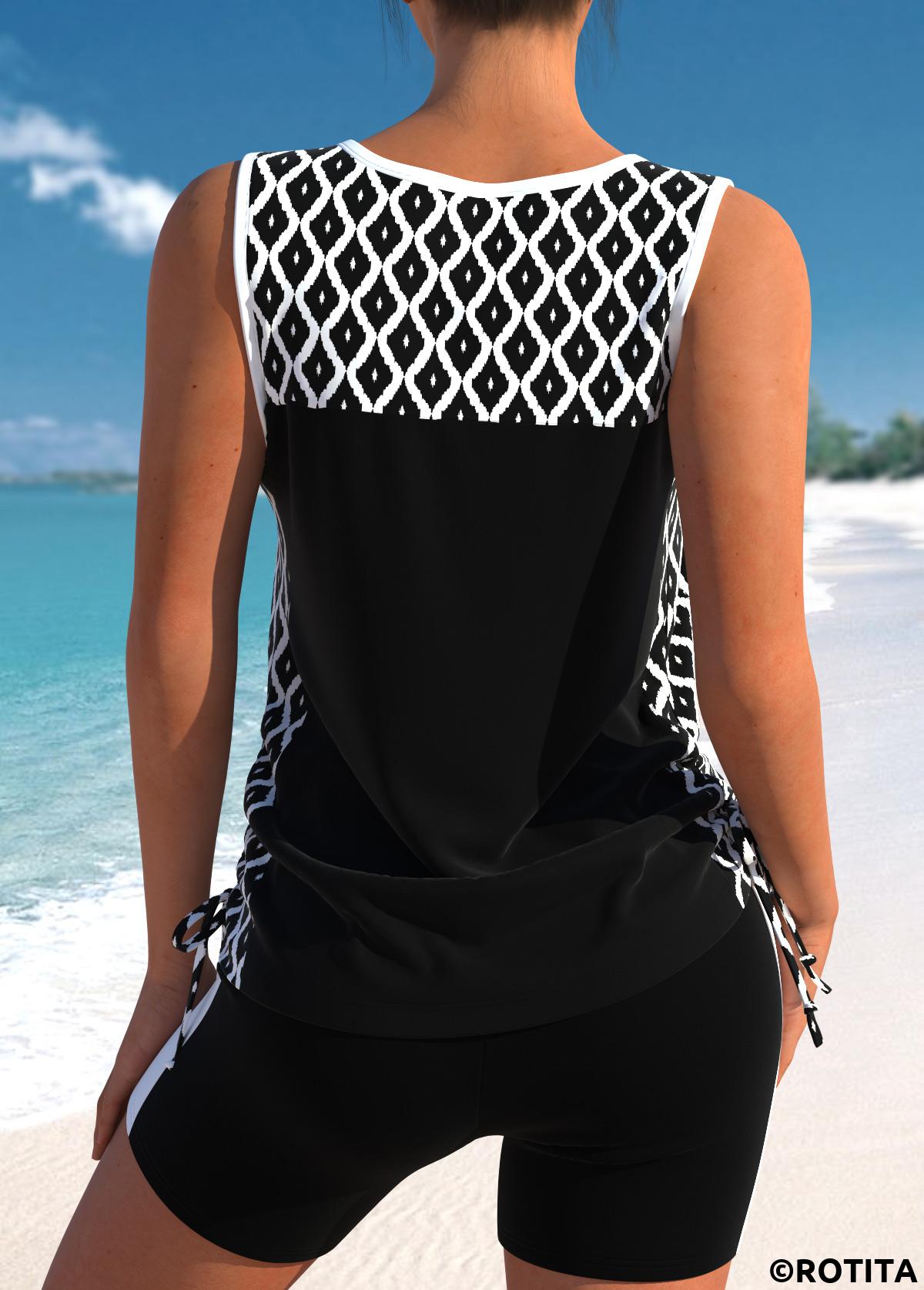 Black swimwear,Geometric swimwear,ROTITA Contrast Binding Black Geometric Print Tankini Set
