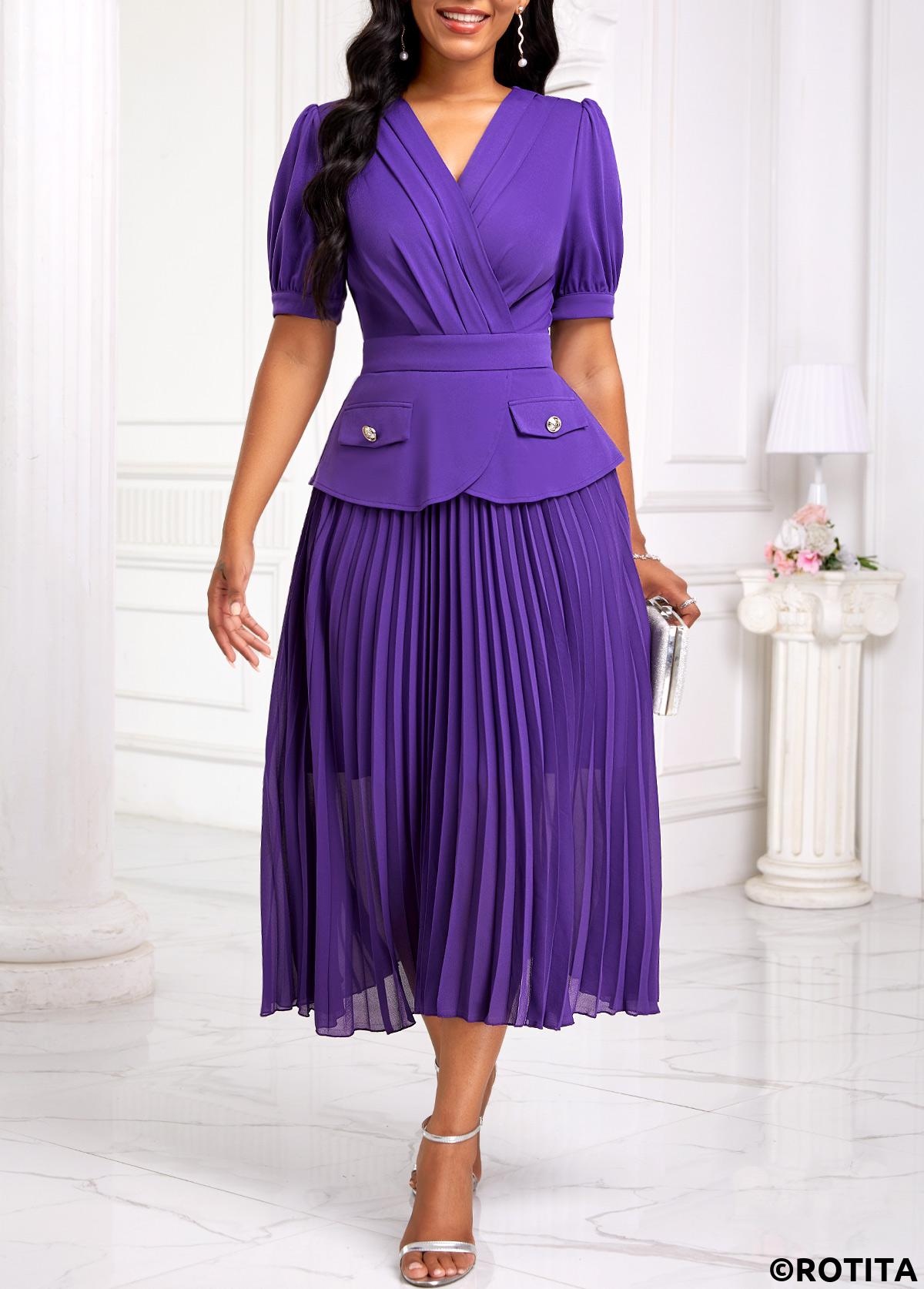 Purple dresses,Plain Color dresses,Party dresses,Elegant dresses,ROTITA Pleated Purple V Neck Half Sleeve Dress