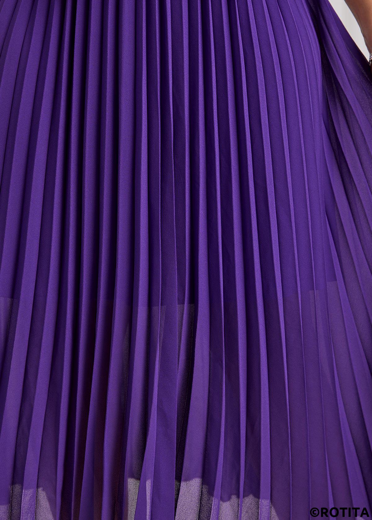 Purple dresses,Plain Color dresses,Party dresses,Elegant dresses,ROTITA Pleated Purple V Neck Half Sleeve Dress