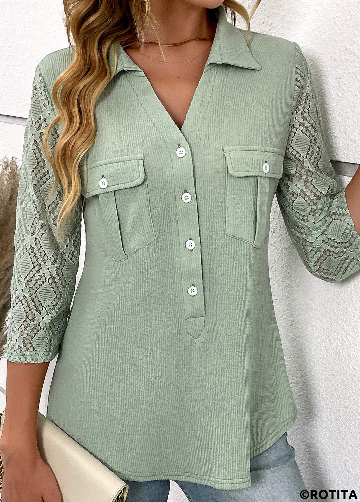 Sage Green tops,Plain Color tops,ROTITA Patchwork Sage Green Shirt Collar Blouse