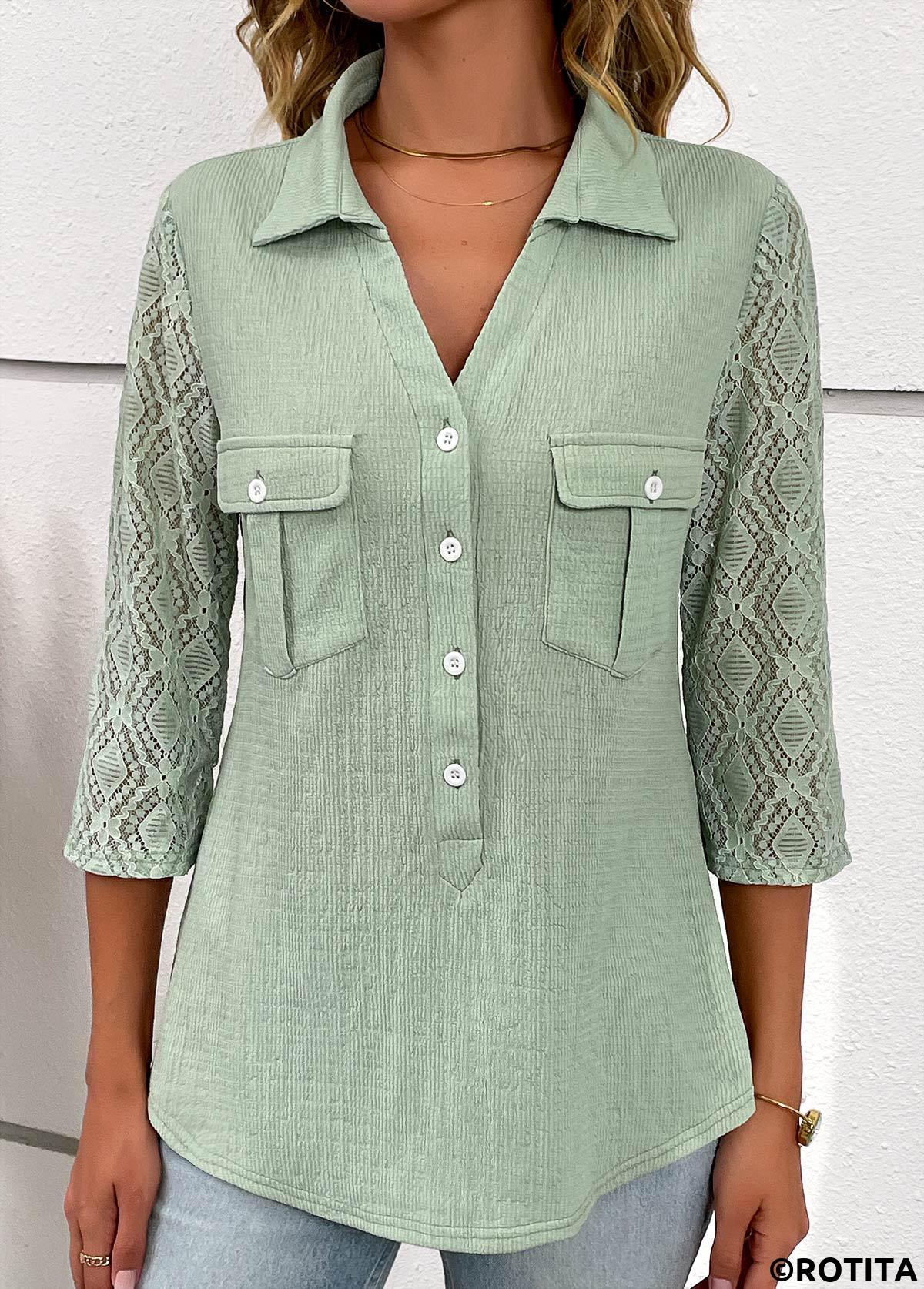 Sage Green tops,Plain Color tops,ROTITA Patchwork Sage Green Shirt Collar Blouse