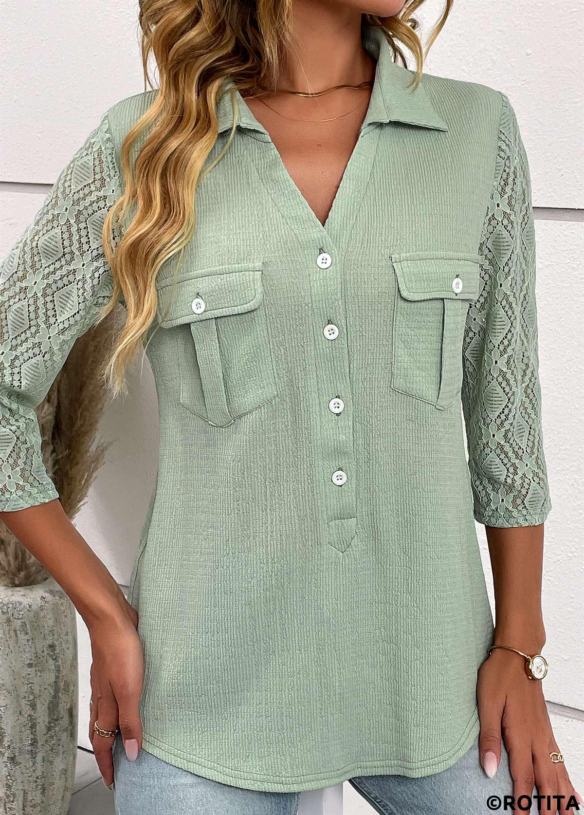 Sage Green tops,Plain Color tops,ROTITA Patchwork Sage Green Shirt Collar Blouse