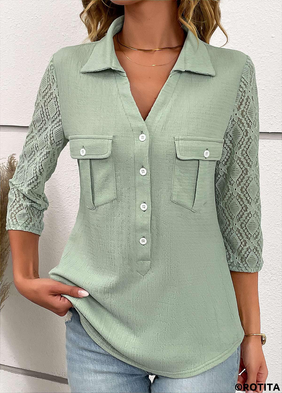 Sage Green tops,Plain Color tops,ROTITA Patchwork Sage Green Shirt Collar Blouse