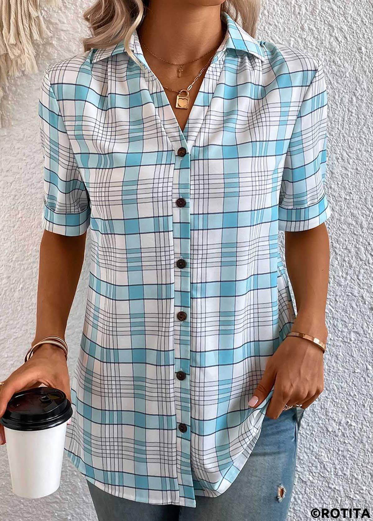 Light Blue tops,White tops,Plaid tops,Geometric tops,Striped tops,ROTITA Button Plaid Light Blue Shirt Collar Blouse