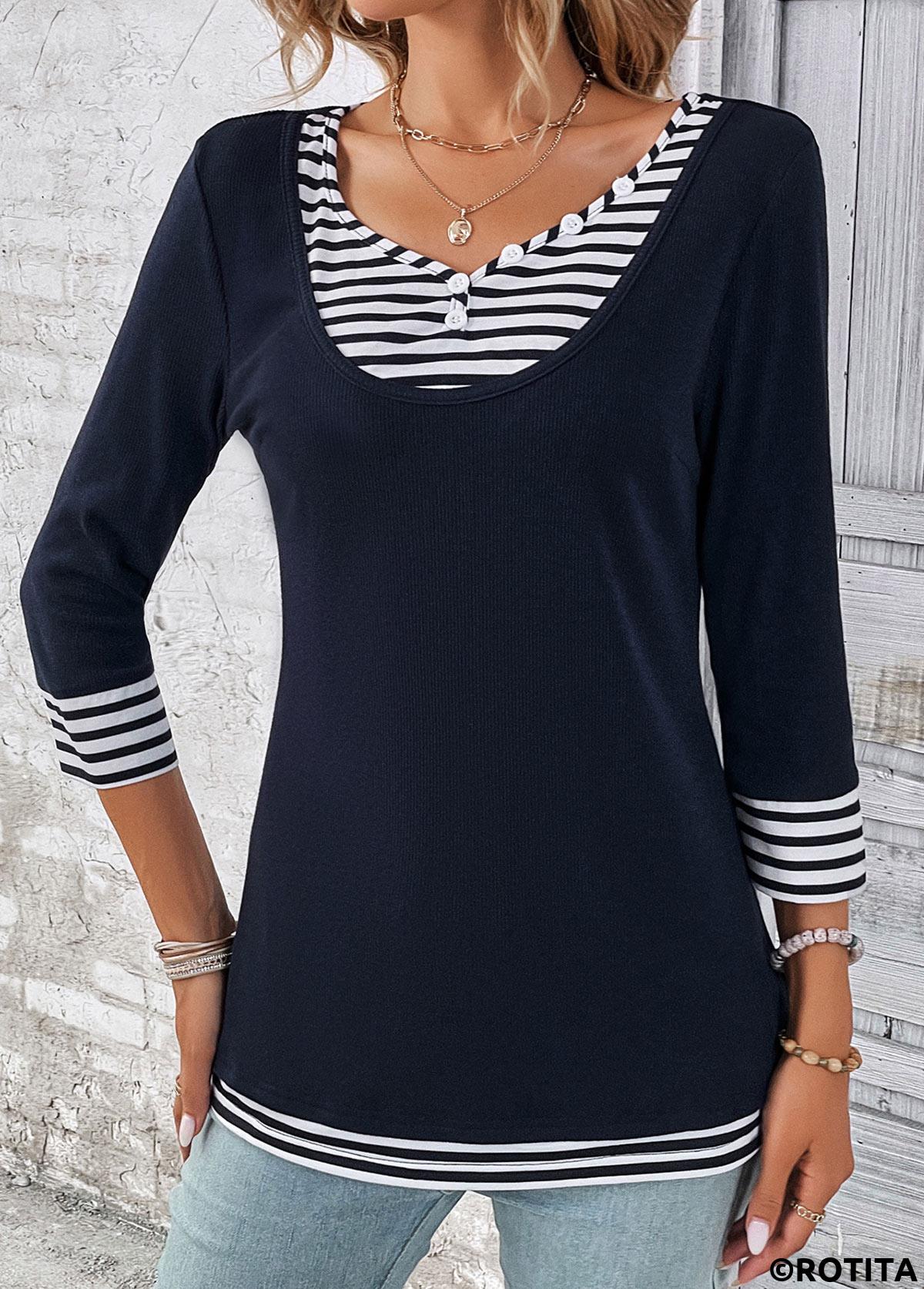 Navy tops,White tops,Striped tops,Geometric tops,ROTITA Fake 2in1 Striped Navy V Neck T Shirt