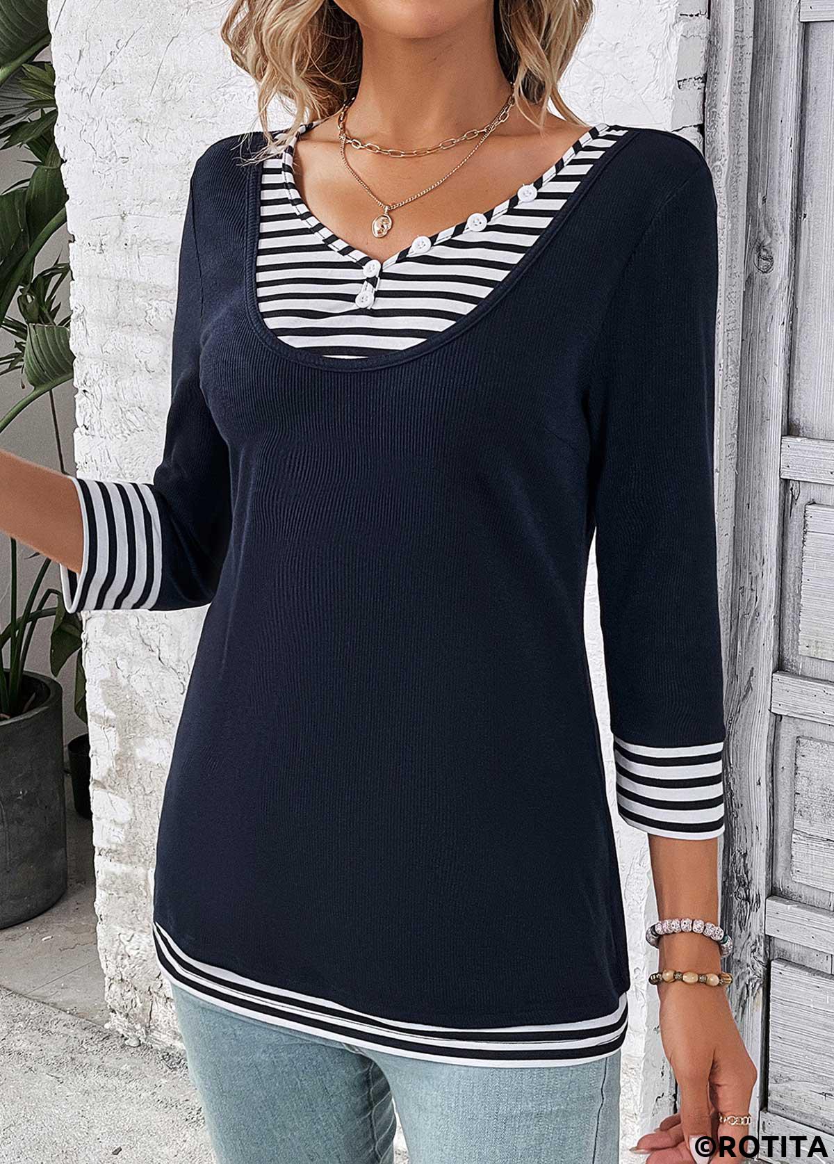 Navy tops,White tops,Striped tops,Geometric tops,ROTITA Fake 2in1 Striped Navy V Neck T Shirt