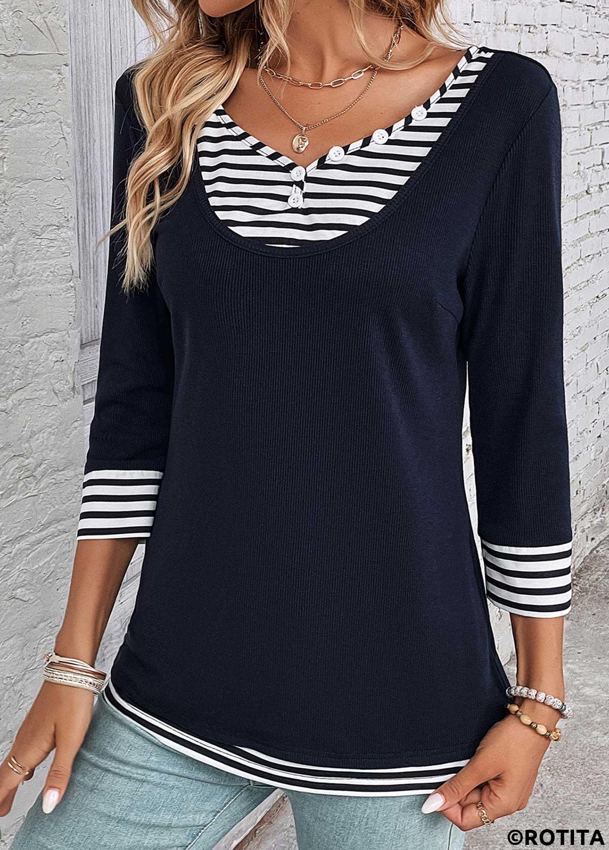 Navy tops,White tops,Striped tops,Geometric tops,ROTITA Fake 2in1 Striped Navy V Neck T Shirt