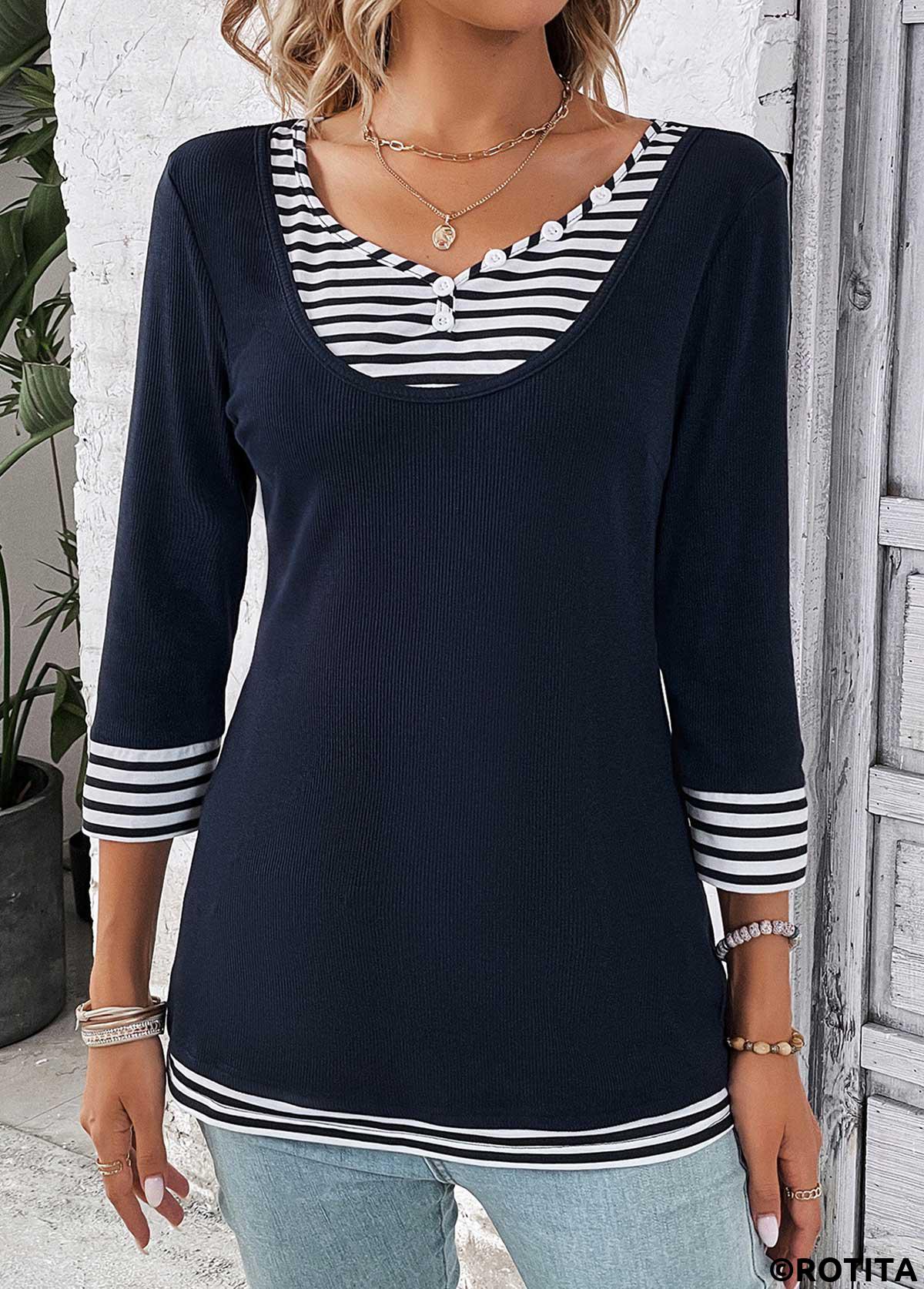 Navy tops,White tops,Striped tops,Geometric tops,ROTITA Fake 2in1 Striped Navy V Neck T Shirt