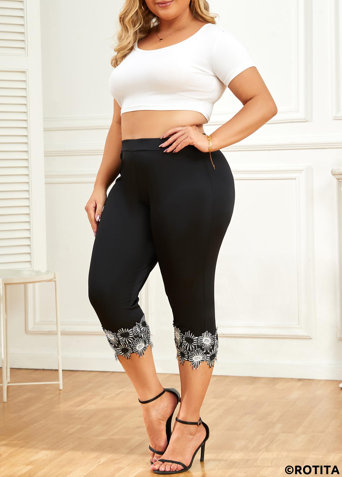 Black plus size,Plain Color plus size,Plus Size Patchwork Black Skinny Elastic Waist Pants