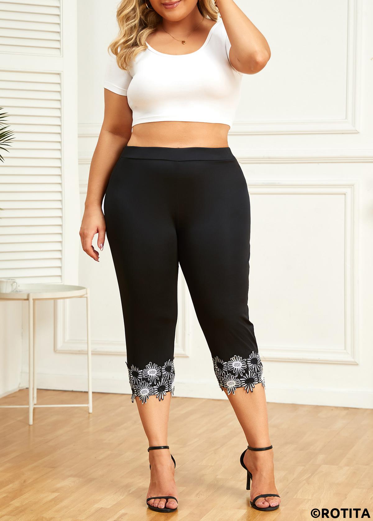 Black plus size,Plain Color plus size,Plus Size Patchwork Black Skinny Elastic Waist Pants