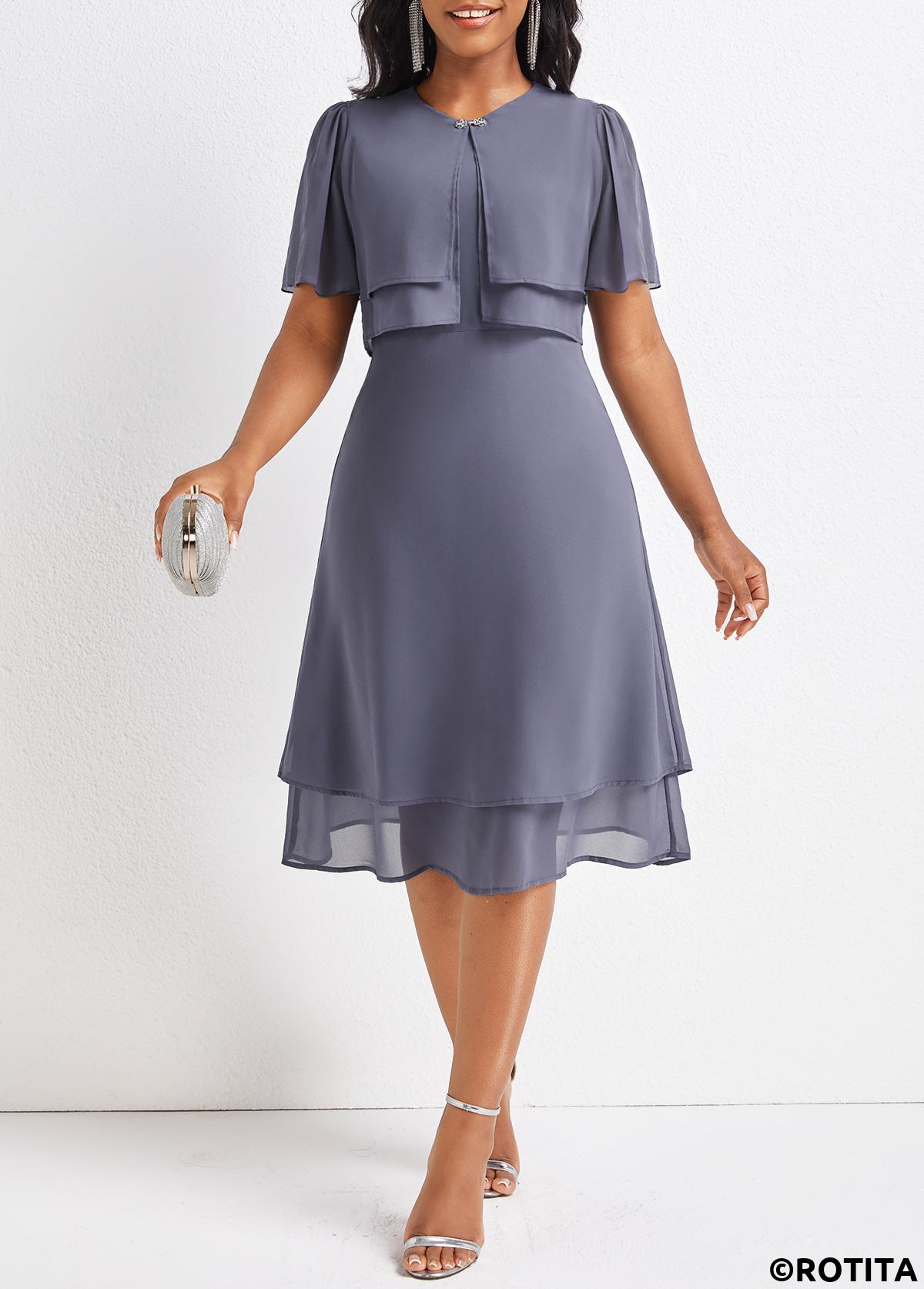 Dusty Purple dresses,Plain Color dresses,Party dresses,Elegant dresses,ROTITA Layered Dusty Purple Round Neck Short Sleeve Dress