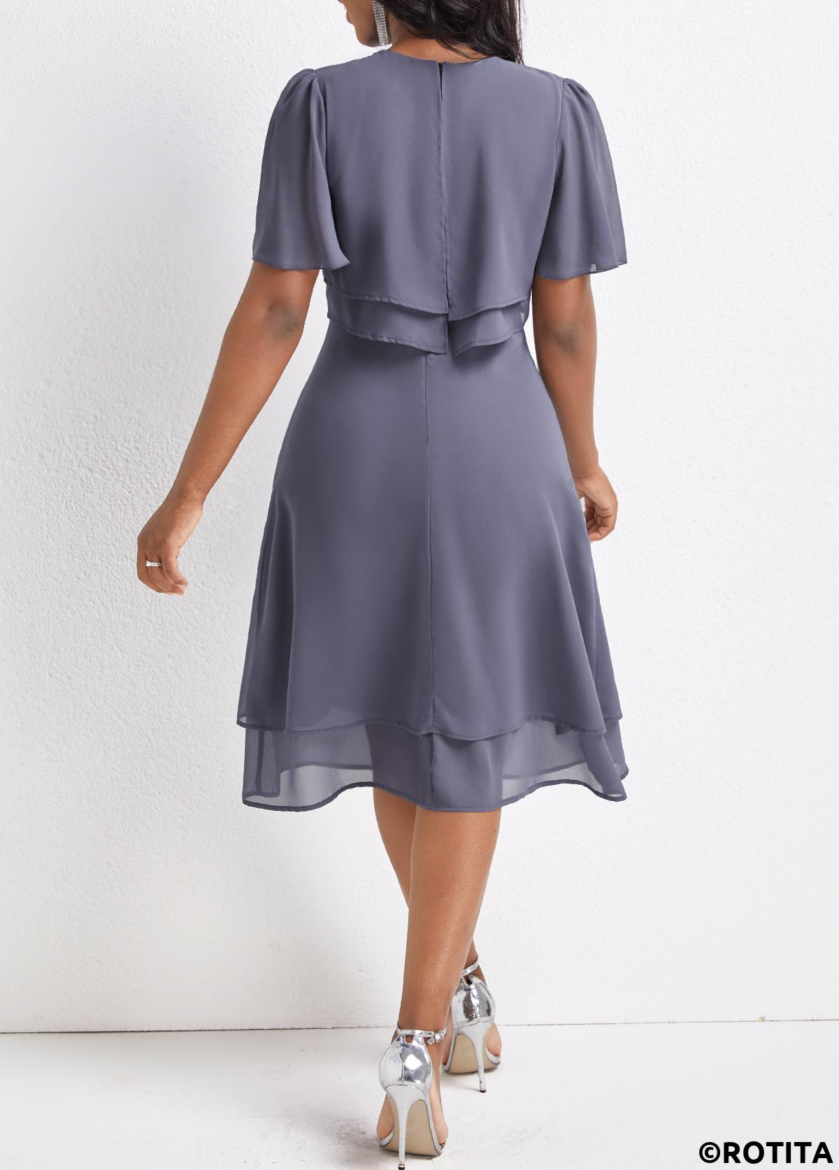 Dusty Purple dresses,Plain Color dresses,Party dresses,Elegant dresses,ROTITA Layered Dusty Purple Round Neck Short Sleeve Dress