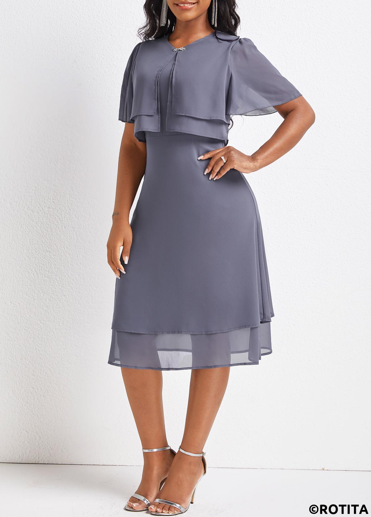 Dusty Purple dresses,Plain Color dresses,Party dresses,Elegant dresses,ROTITA Layered Dusty Purple Round Neck Short Sleeve Dress