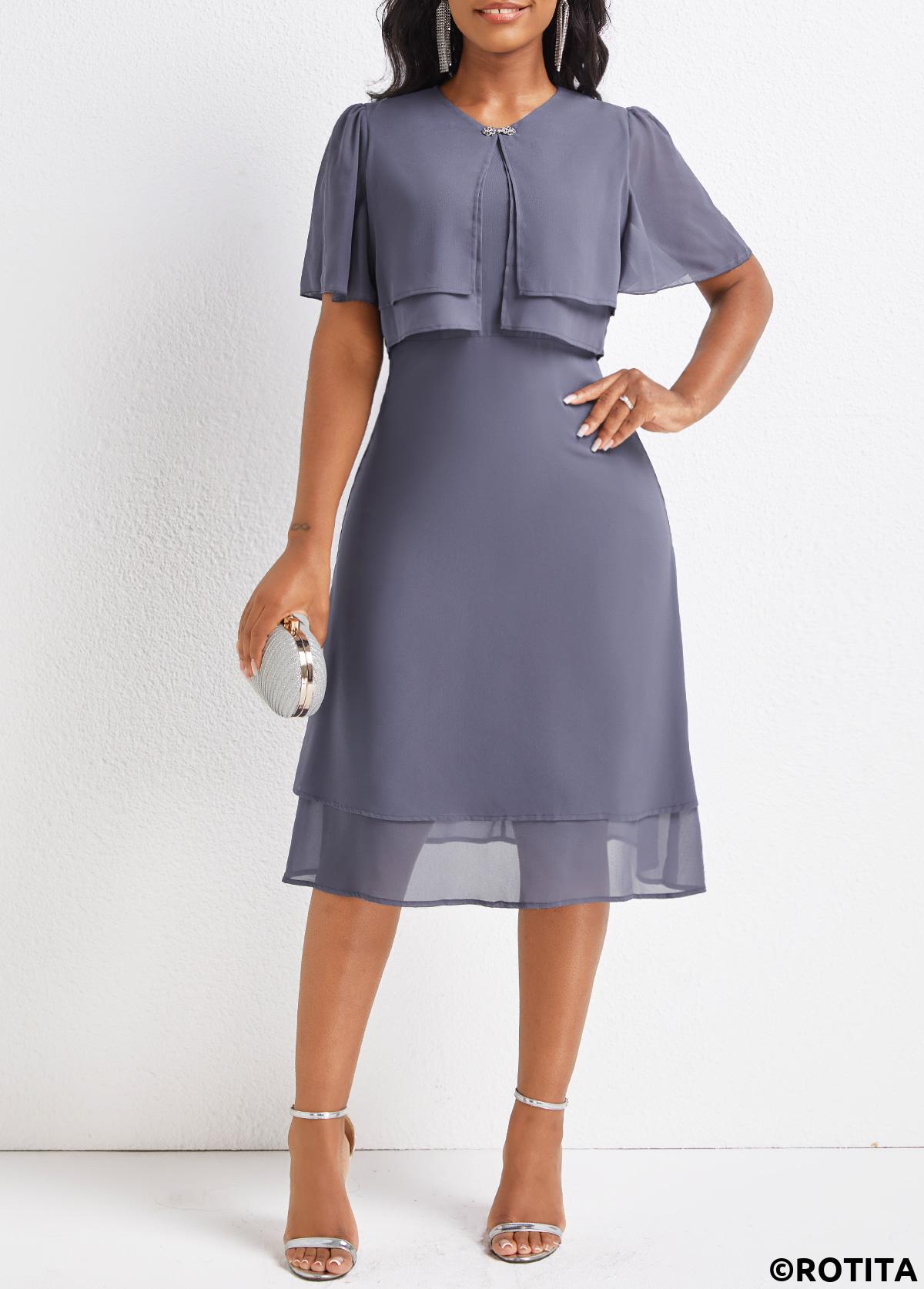 Dusty Purple dresses,Plain Color dresses,Party dresses,Elegant dresses,ROTITA Layered Dusty Purple Round Neck Short Sleeve Dress