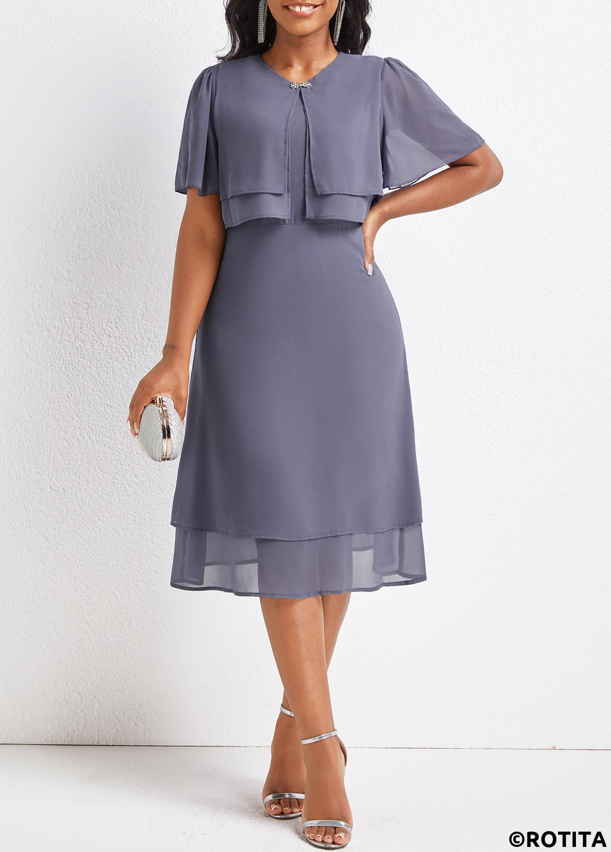 Dusty Purple dresses,Plain Color dresses,Party dresses,Elegant dresses,ROTITA Layered Dusty Purple Round Neck Short Sleeve Dress