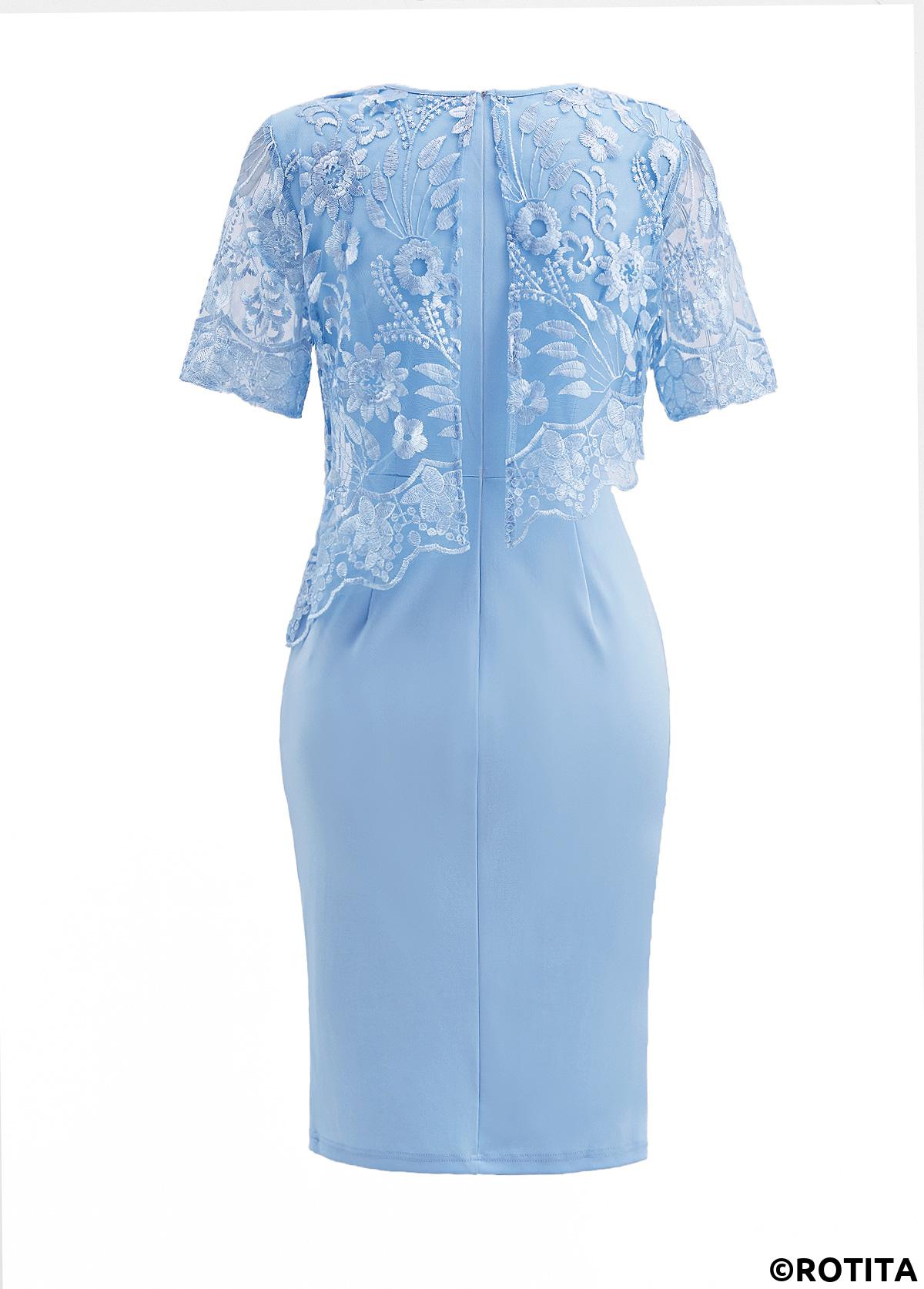 Sky Blue dresses,Plain Color dresses,Party dresses,Elegant dresses,ROTITA Lace Sky Blue Round Neck Bodycon Dress