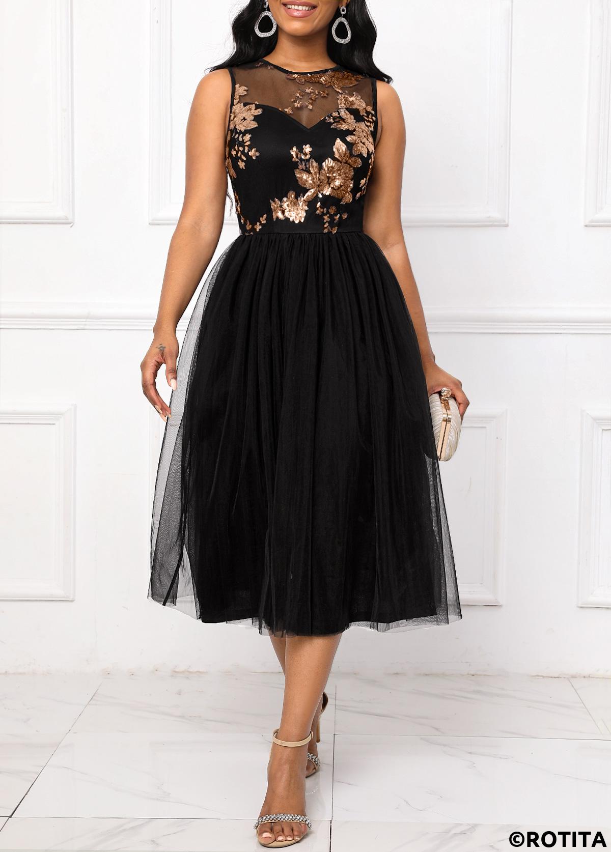 Black dresses,Plain Color dresses,Party dresses,Elegant dresses,ROTITA Sequin Black Round Neck Sleeveless Dress