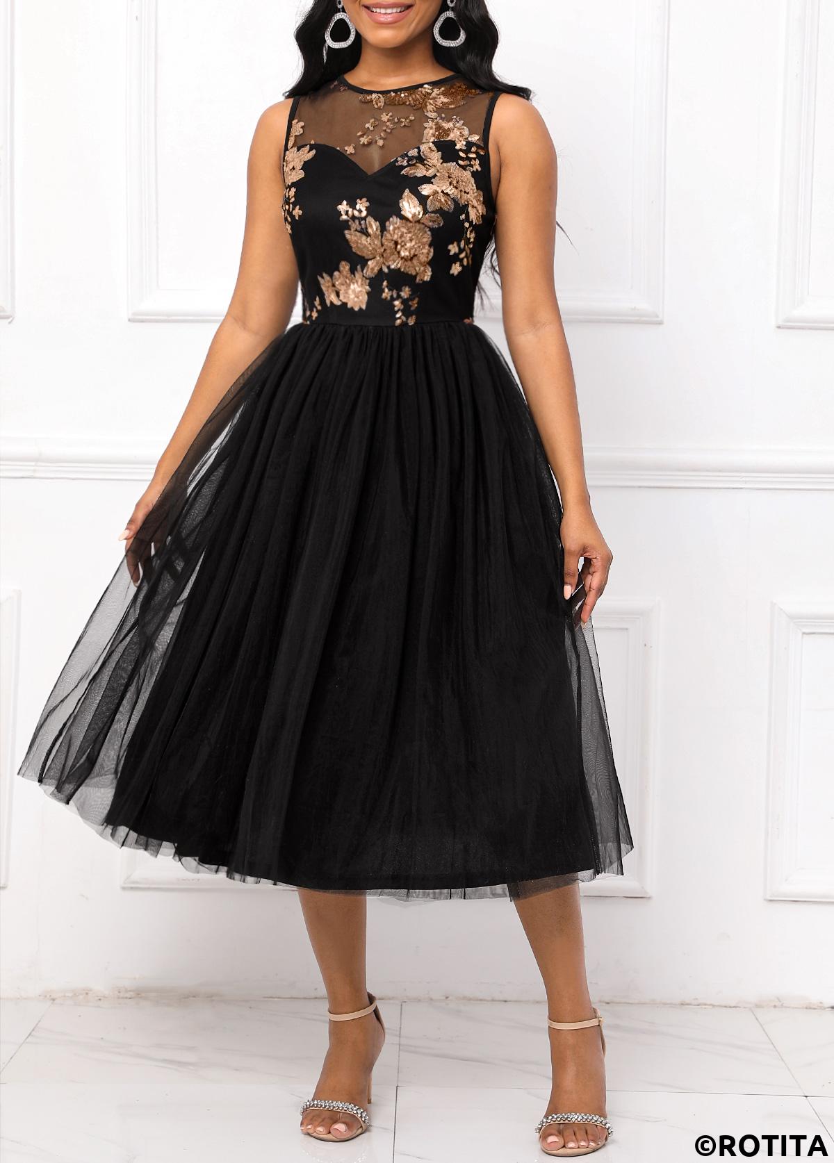 Black dresses,Plain Color dresses,Party dresses,Elegant dresses,ROTITA Sequin Black Round Neck Sleeveless Dress