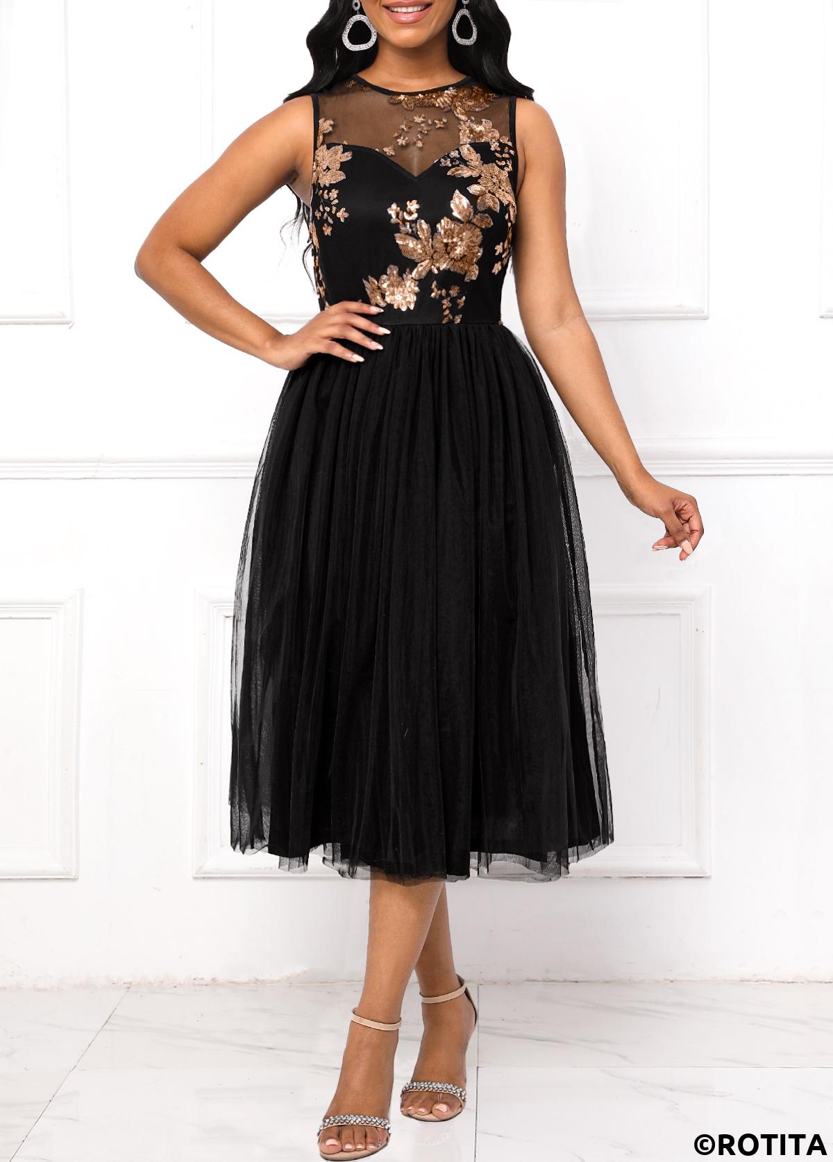 Black dresses,Plain Color dresses,Party dresses,Elegant dresses,ROTITA Sequin Black Round Neck Sleeveless Dress
