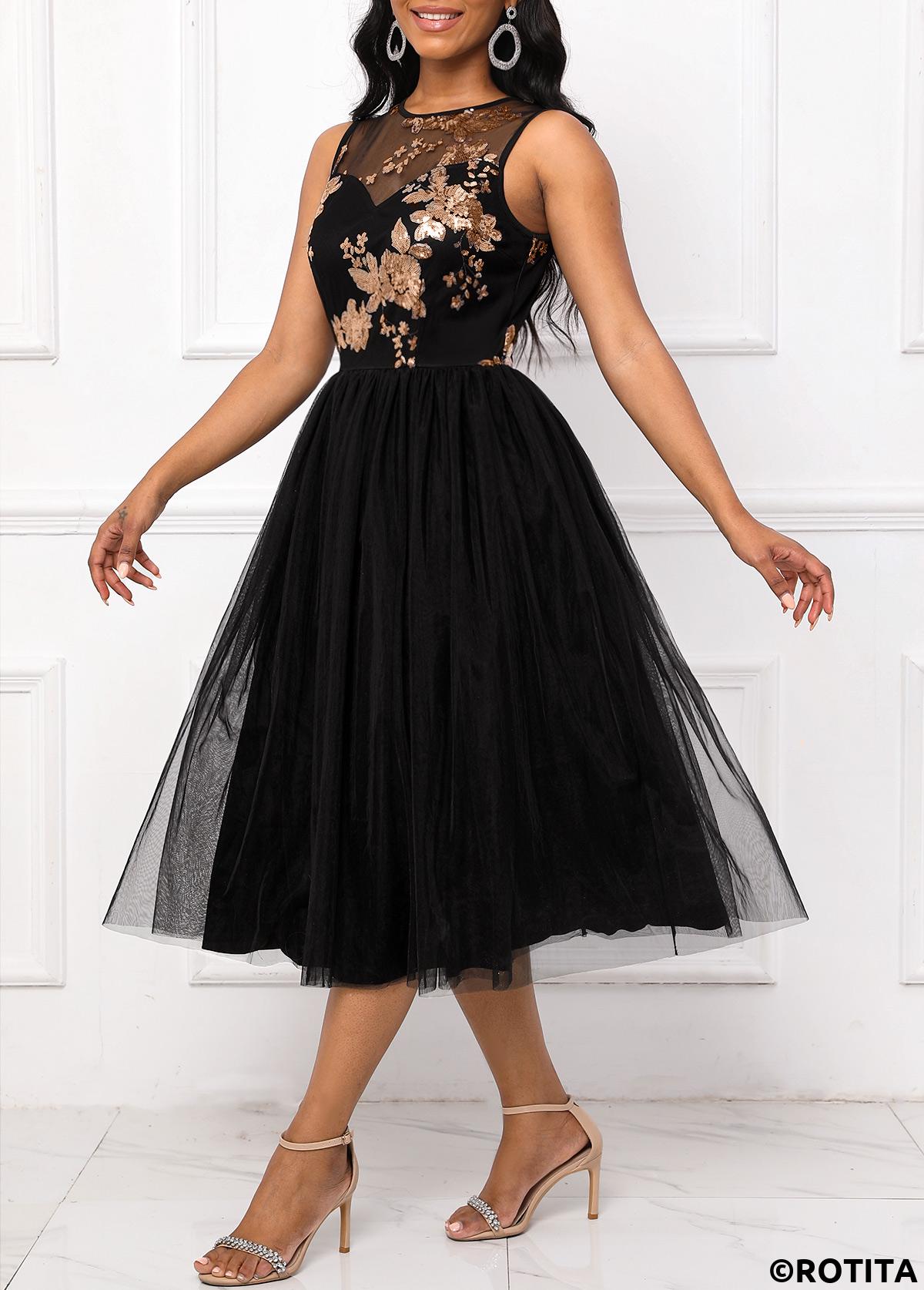 Black dresses,Plain Color dresses,Party dresses,Elegant dresses,ROTITA Sequin Black Round Neck Sleeveless Dress