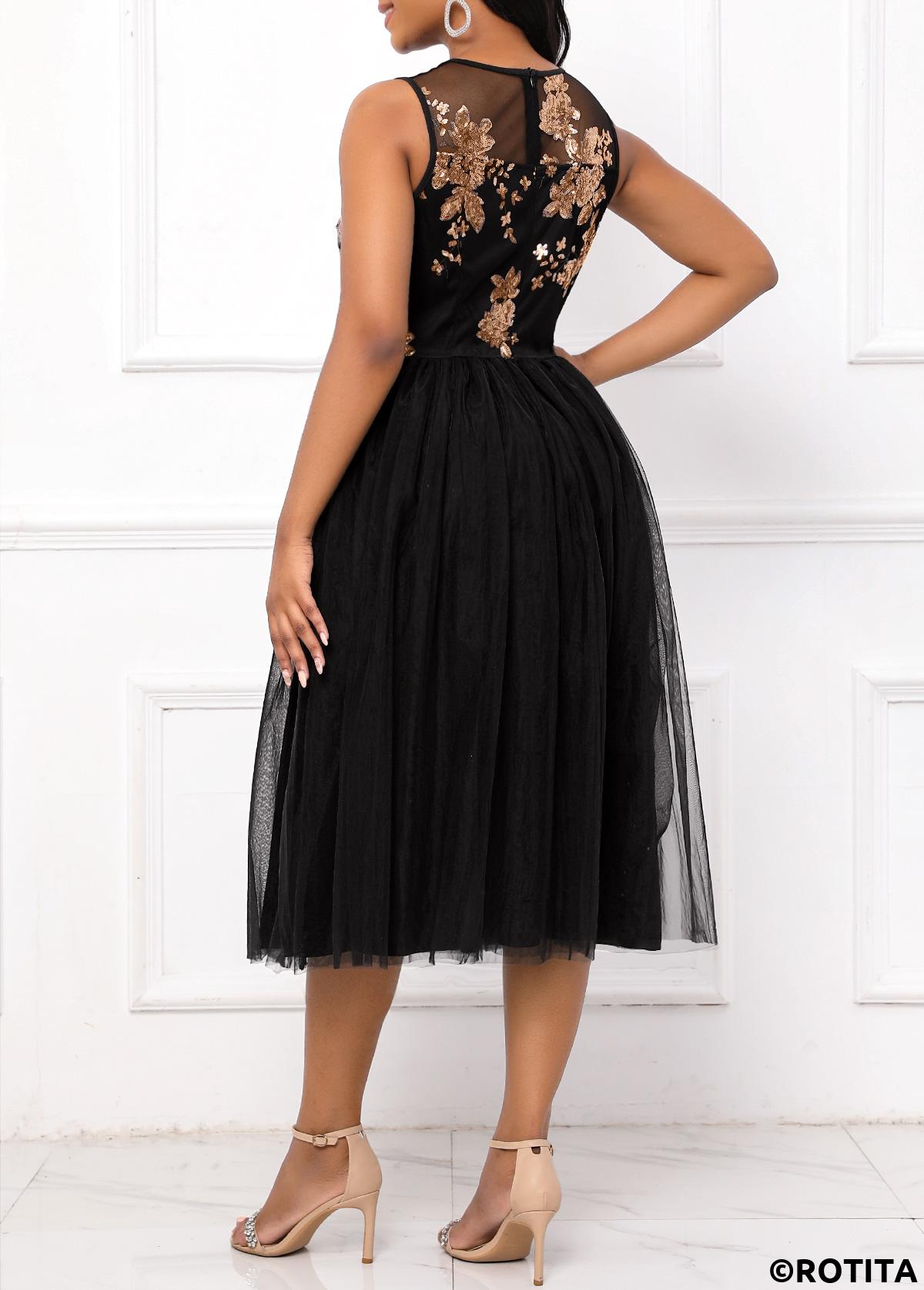 Black dresses,Plain Color dresses,Party dresses,Elegant dresses,ROTITA Sequin Black Round Neck Sleeveless Dress