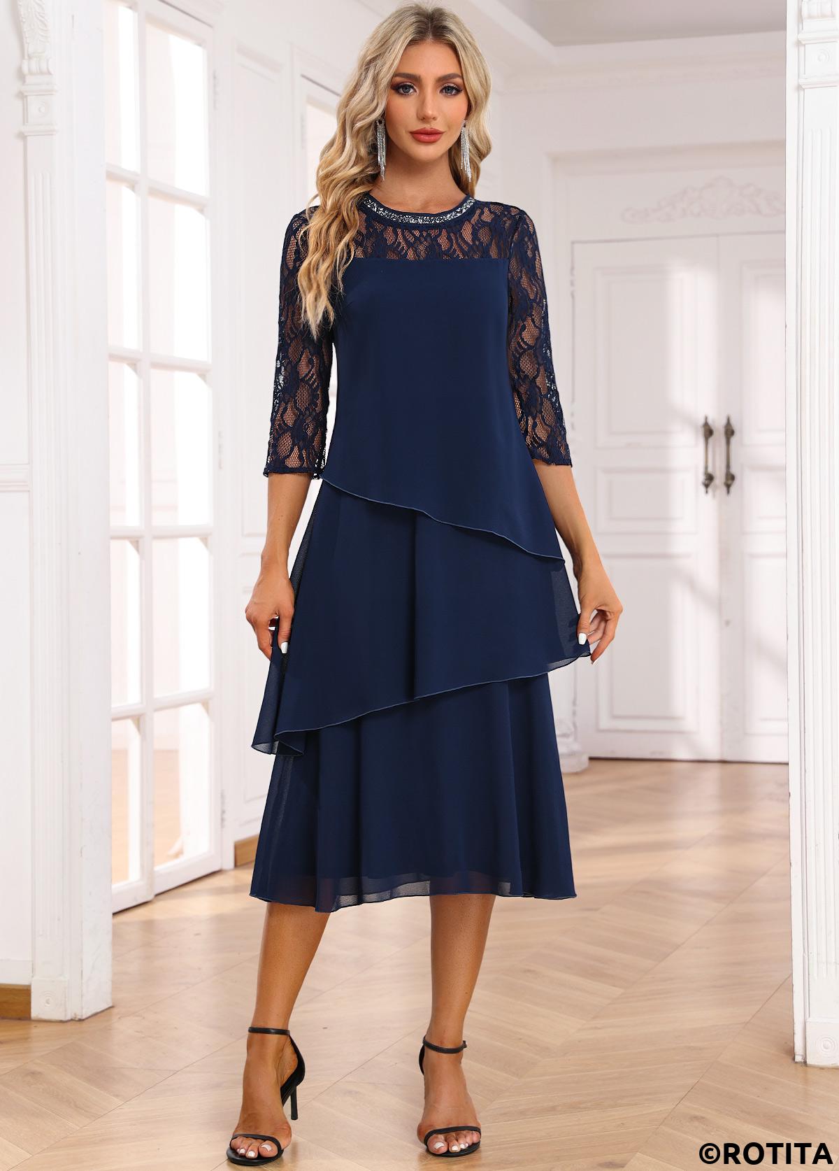 Navy dresses,Plain Color dresses,Party dresses,Elegant dresses,ROTITA Umbrella Hem Navy A Line Round Neck Dress