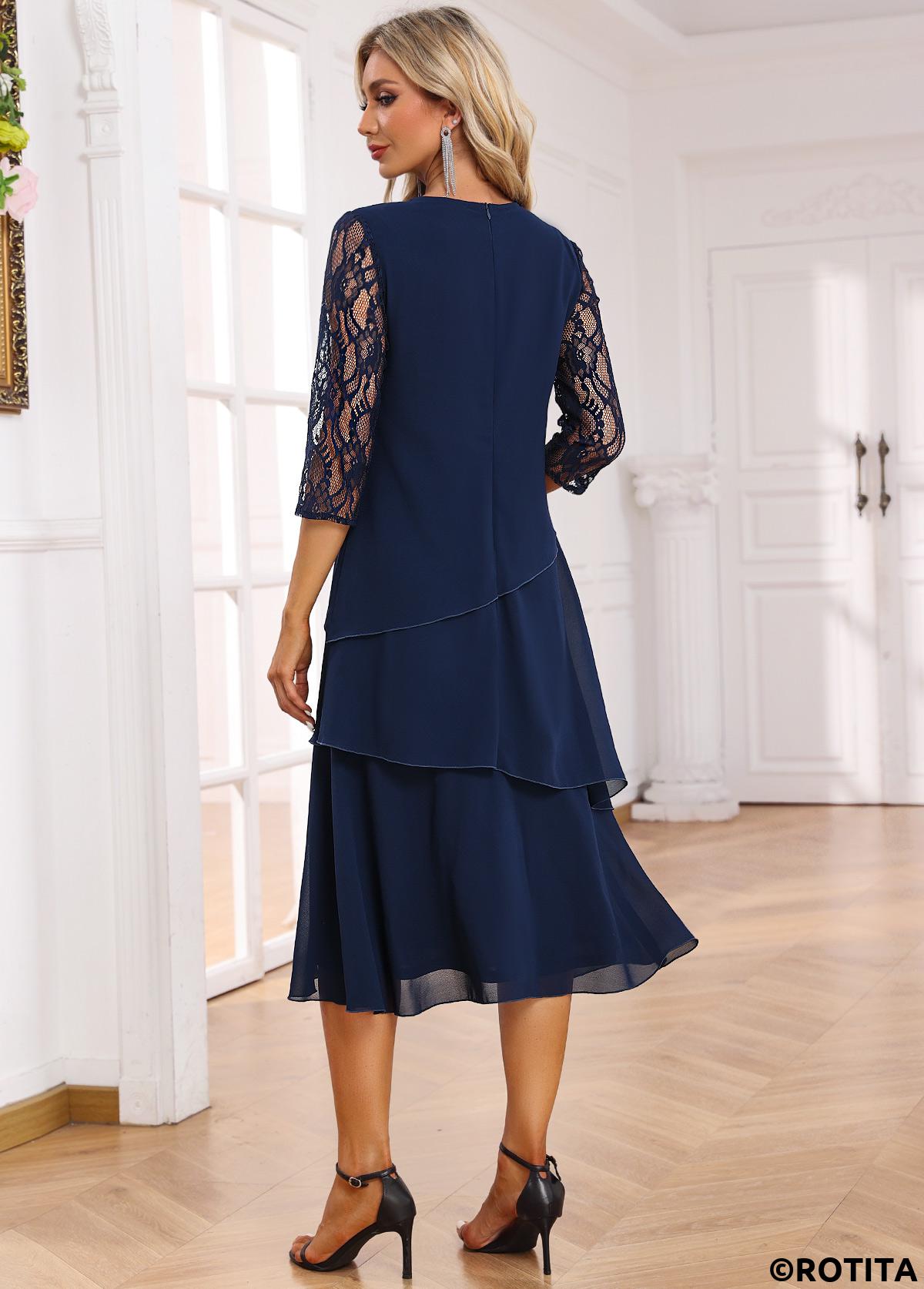 Navy dresses,Plain Color dresses,Party dresses,Elegant dresses,ROTITA Umbrella Hem Navy A Line Round Neck Dress