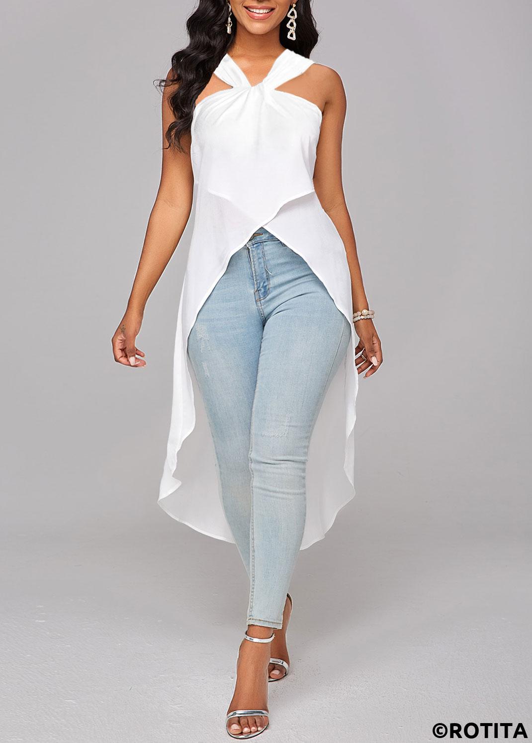 White tops,Plain Color tops,ROTITA Cross Hem White V Neck Sleeveless Blouse