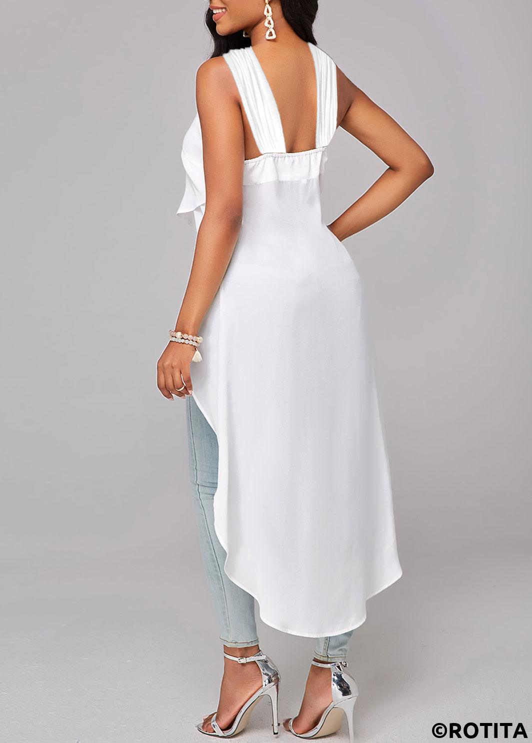 White tops,Plain Color tops,ROTITA Cross Hem White V Neck Sleeveless Blouse