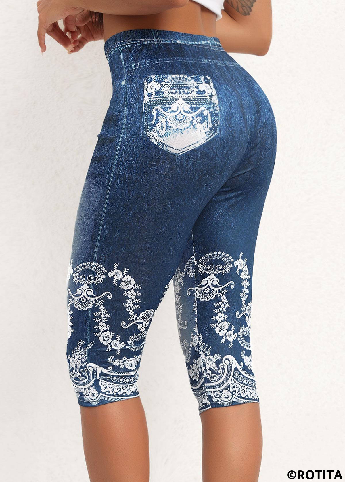 Denim Blue bottoms,Other bottoms,Floral bottoms,Denim Blue High Waisted Elastic Waist Capri Leggings