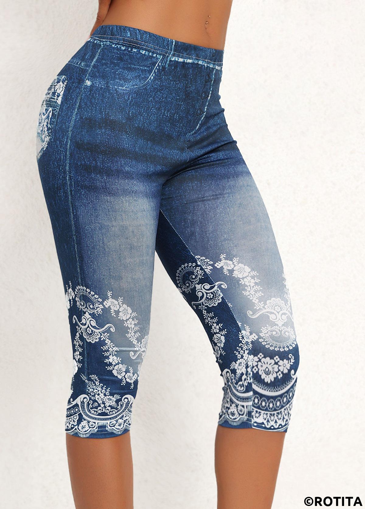 Denim Blue bottoms,Other bottoms,Floral bottoms,Denim Blue High Waisted Elastic Waist Capri Leggings
