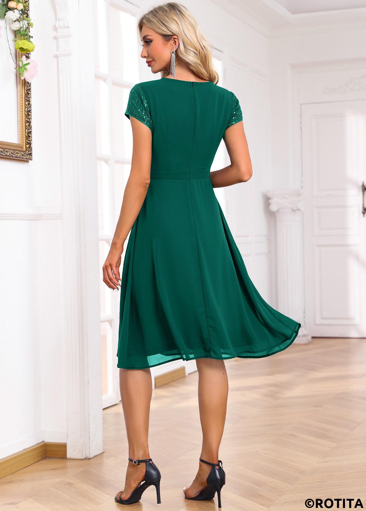 Blackish Green dresses,Plain Color dresses,Party dresses,Elegant dresses,ROTITA Sequin Blackish Green Round Neck Short Sleeve Dress