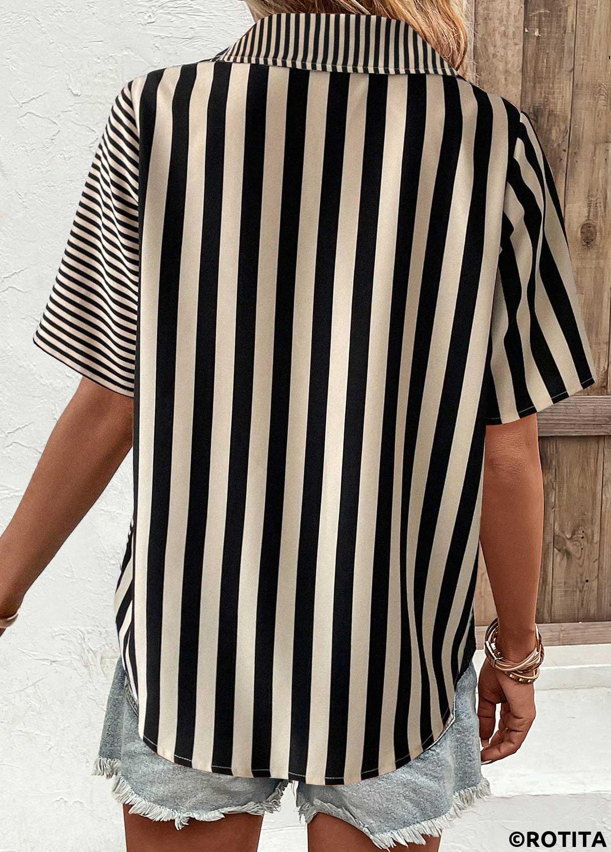 ROTITA Button Striped Dark Camel Turn Down Collar Blouse