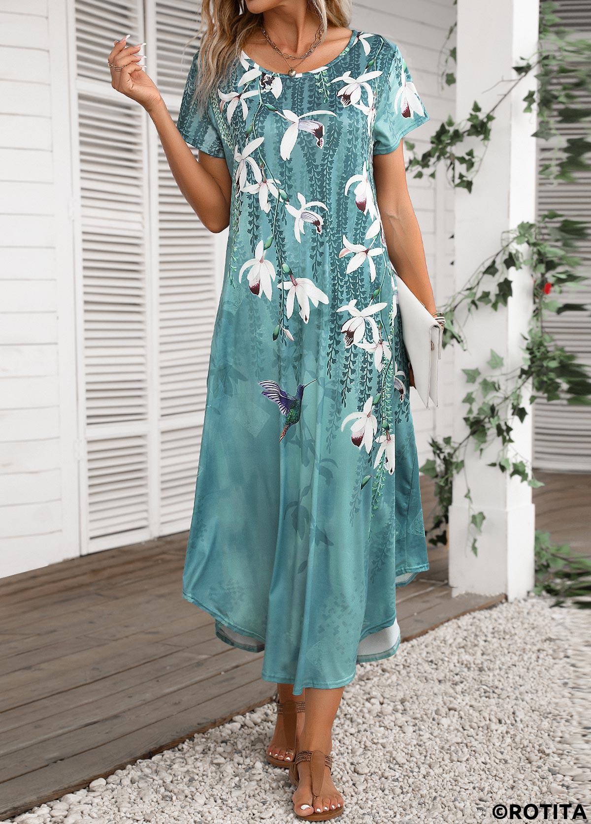 Turquoise dresses,Floral dresses,Plants dresses,Everyday dresses,Casual dresses,ROTITA Pocket Floral Print Turquoise Shift Dress