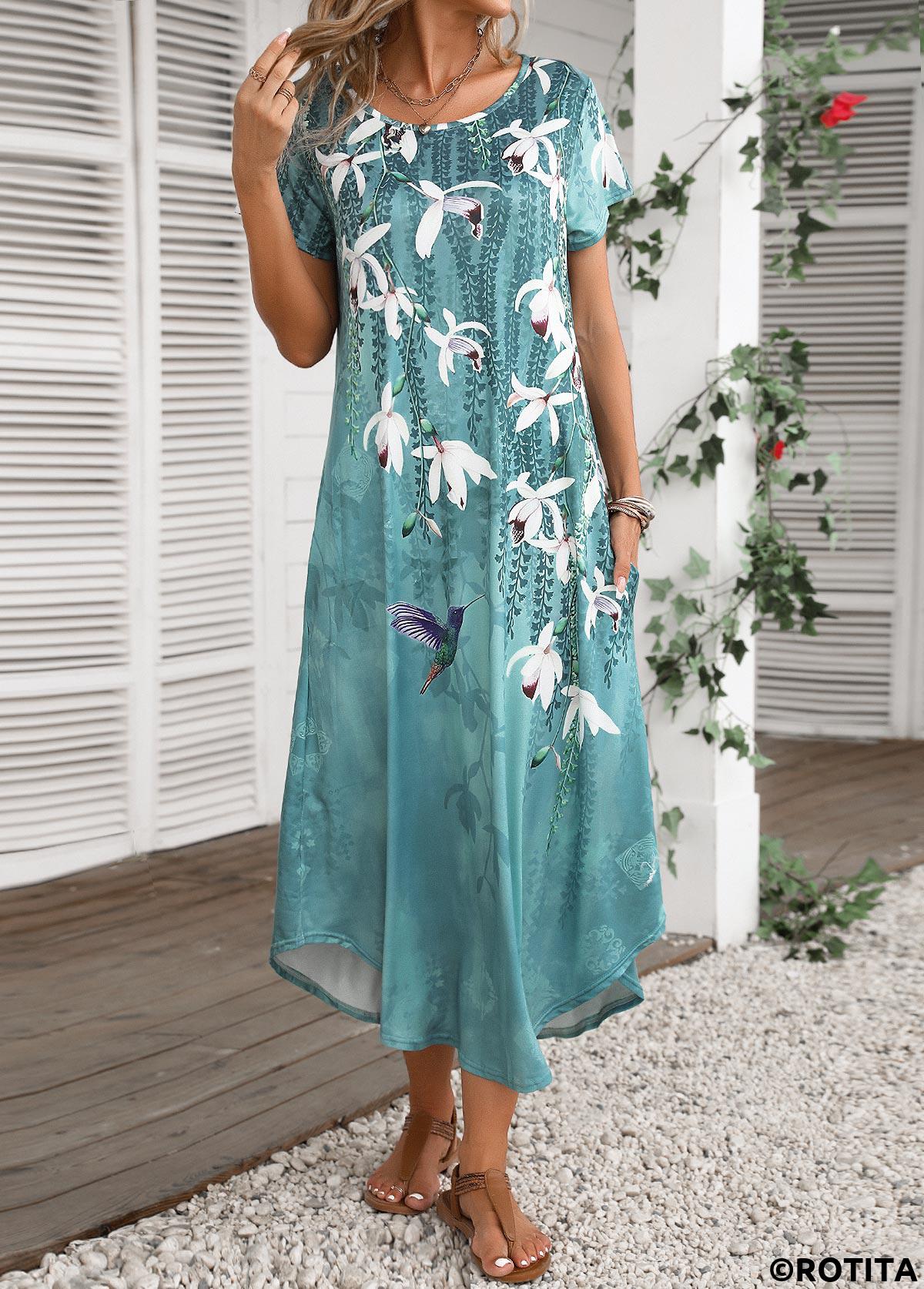 Turquoise dresses,Floral dresses,Plants dresses,Everyday dresses,Casual dresses,ROTITA Pocket Floral Print Turquoise Shift Dress