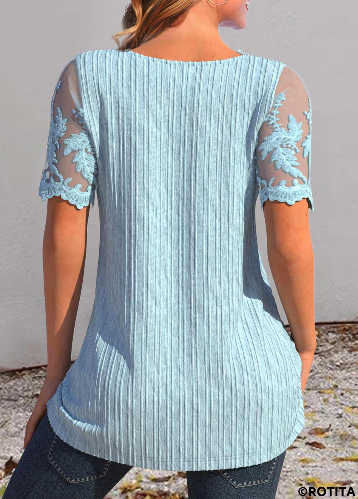 Dusty Blue tops,Plain Color tops,ROTITA Lace Dusty Blue V Neck T Shirt