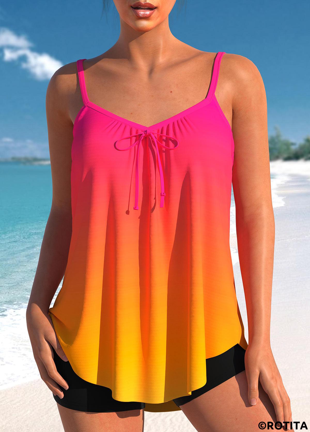 Neon Rose Red swimwear,Ombre swimwear,ROTITA Bowknot Neon Rose Red Ombre Tankini Top